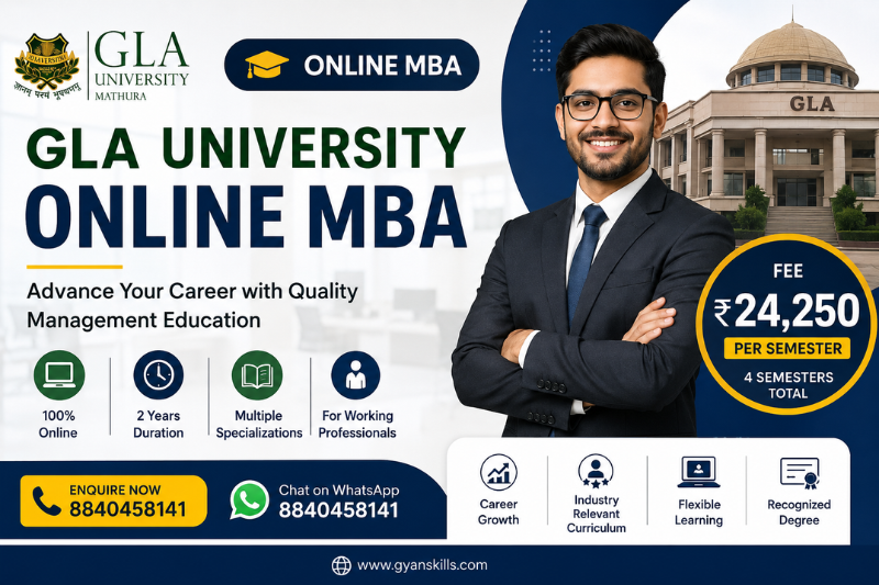Apply for GLA University Online MBA at ₹24,250 per semester. 2-year online MBA with Marketing, HR, Finance, Business Analytics & other specialisations.