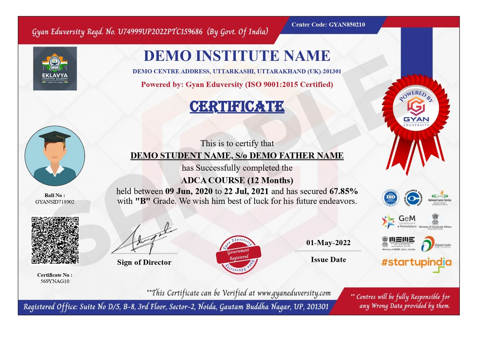 Student Certificate sample