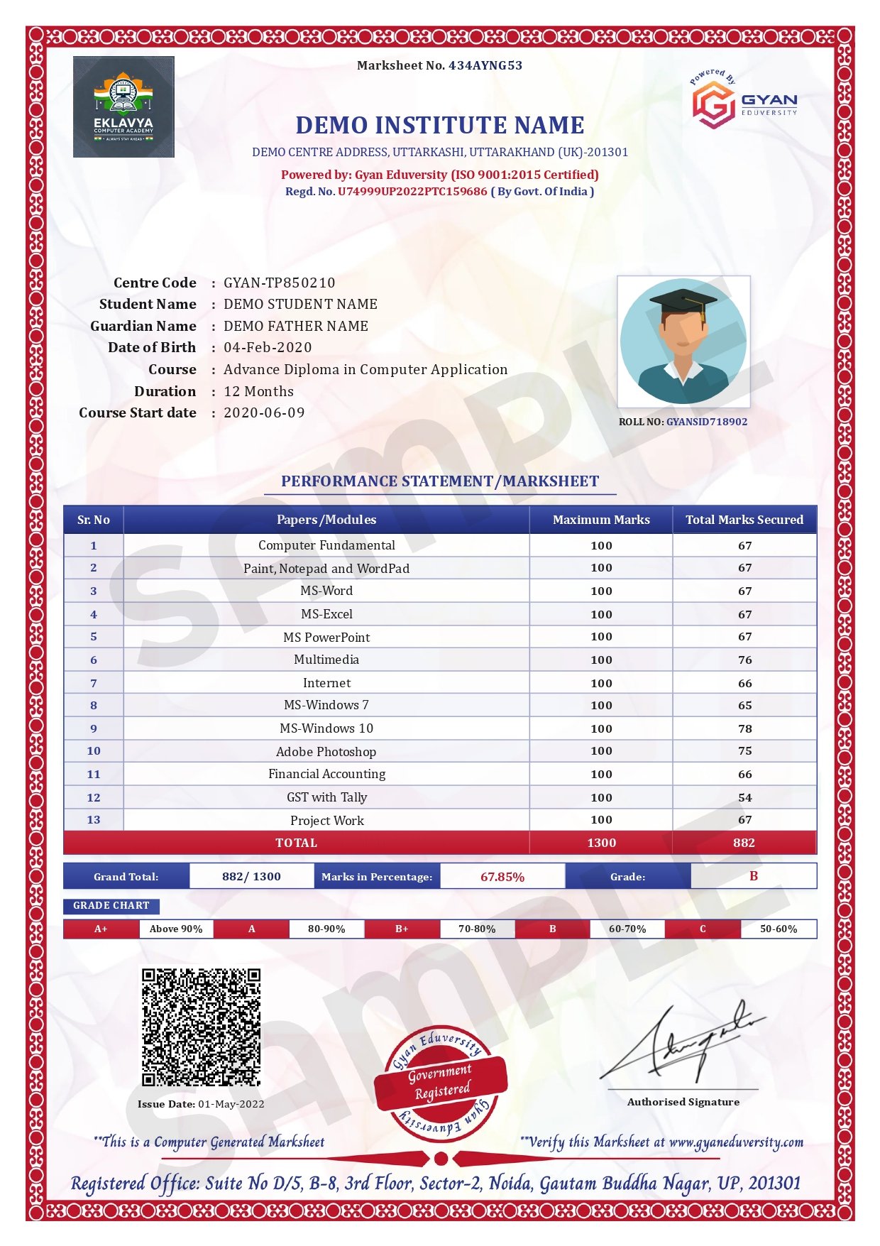 Student Marksheet sample