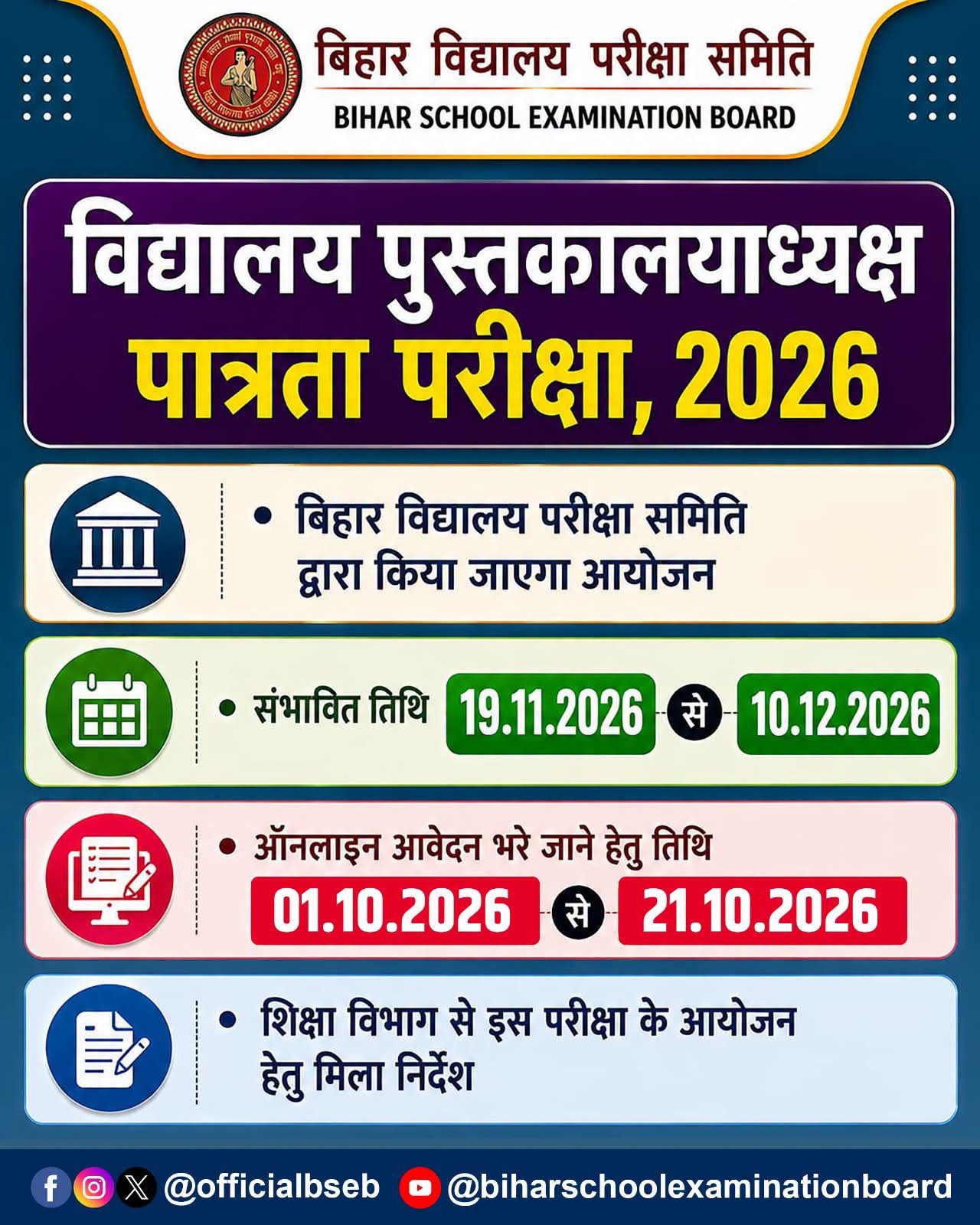 Bihar School Librarian Eligibility Test 2026 official dates
