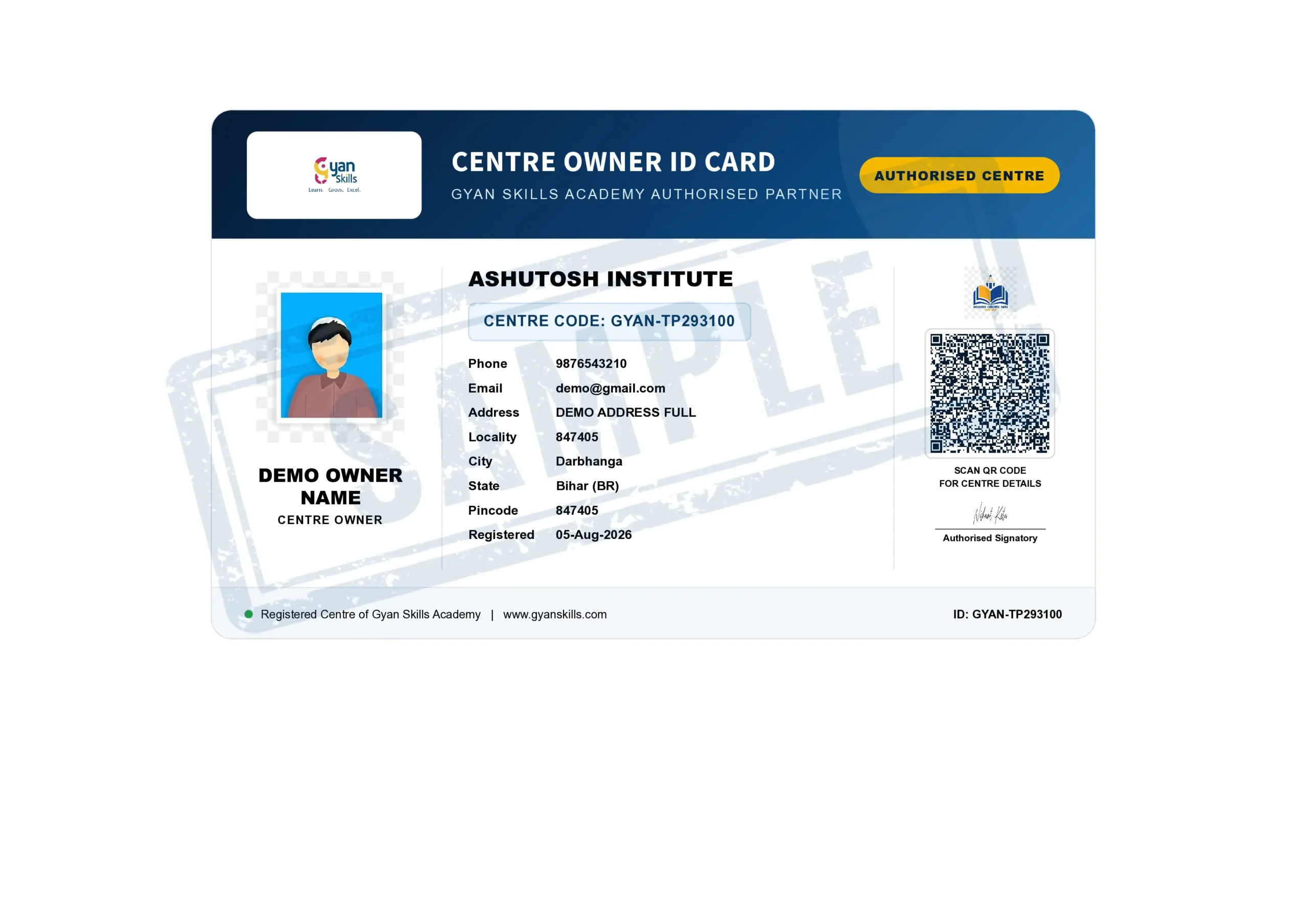 Centre Owner I-Card sample