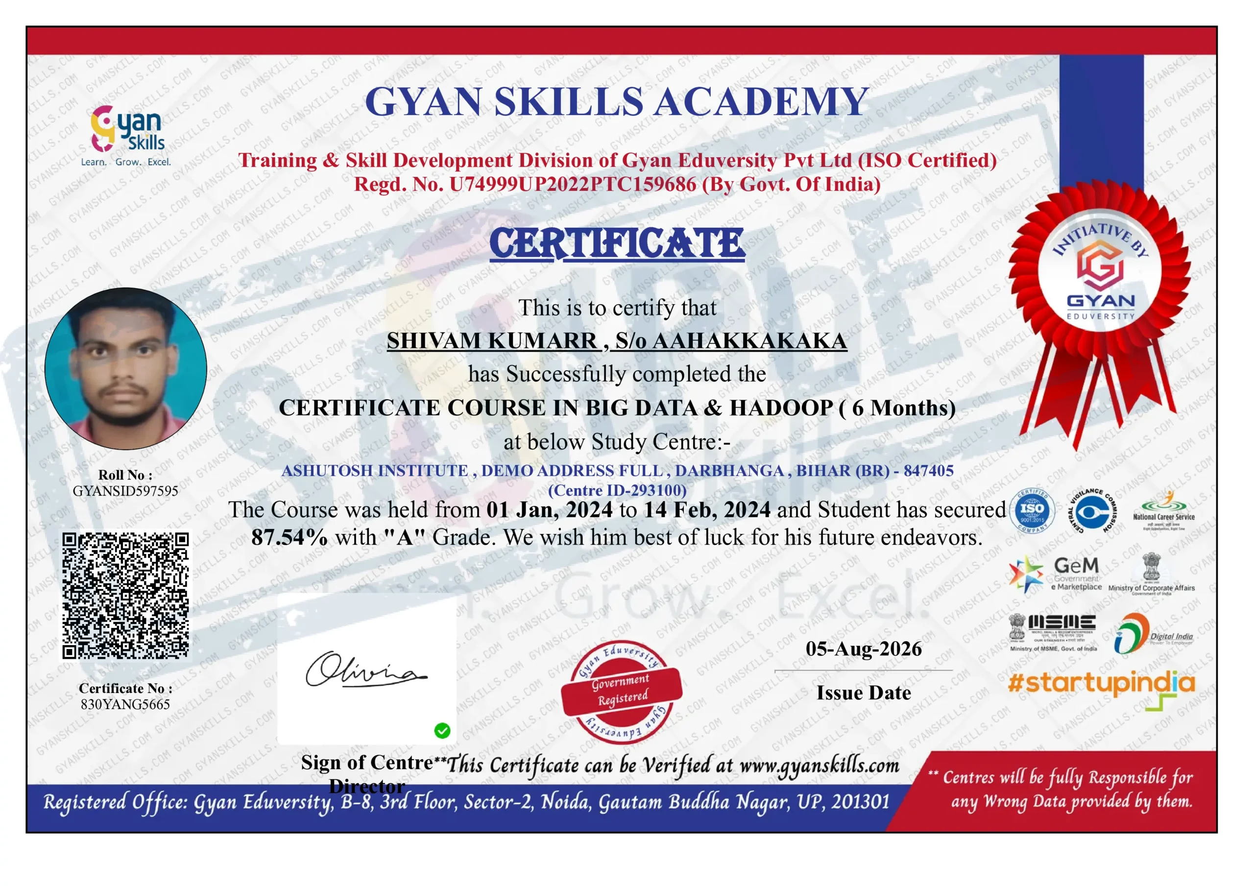 Student Certificate sample