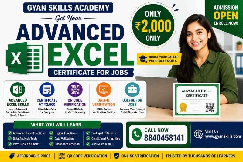 Advanced Excel Certificate Online ₹2000 with QR Code and Online Verification