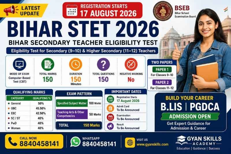 Bihar STET 2026 registration is scheduled to begin on August 17, 2026. Check Bihar STET eligibility, Paper 1 and Paper 2, syllabus, exam pattern, qualifying marks, application process and latest updates.